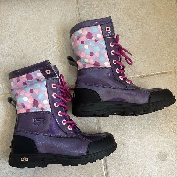 UGG Butte II patent Waterproof Winter Boots fur purple size 2 boot print glitter - Picture 6 of 8
